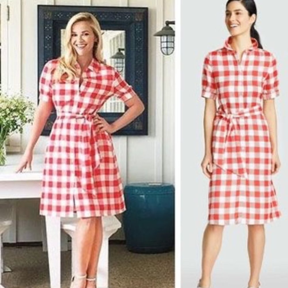 Draper James Red White Gingham Button Down Short Sleeve Dress Size 6